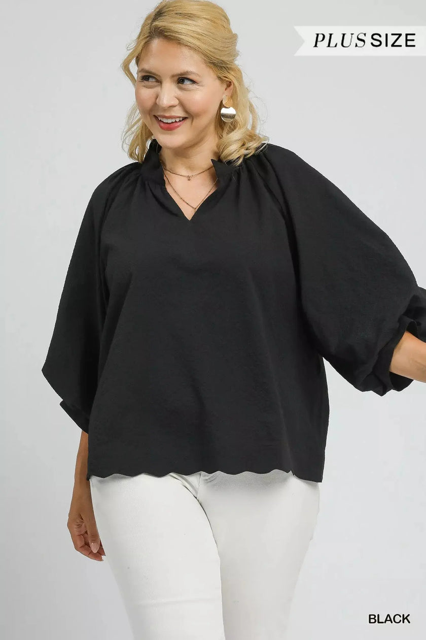 Umgee Full Size Textured Notched Balloon Sleeve Blouse  Style Ratio