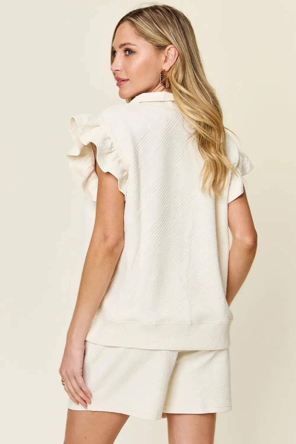 Double Take Texture Flounce Sleeve Top and Drawstring Shorts Set  Style Ratio