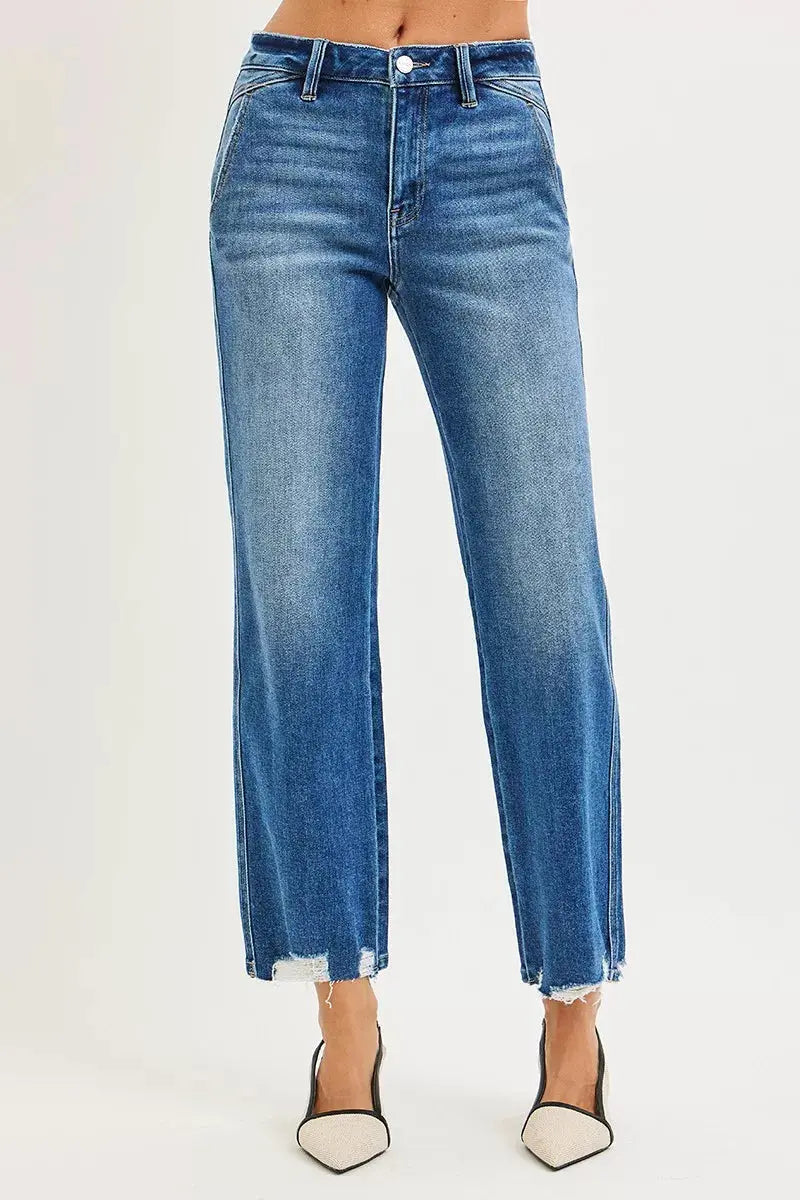 RISEN High Rise Ankle Straight Distressed Hem Detail Jeans  Style Ratio