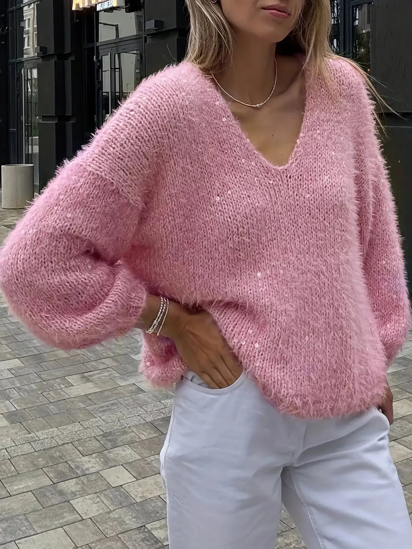 Sparkling Fuzzy V-Neck Knit Top  Style Ratio