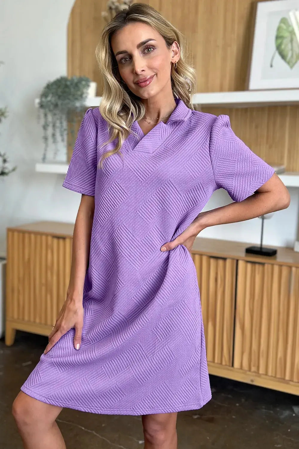 Double Take Full Size Texture Collared Neck Short Sleeve Dress  Style Ratio