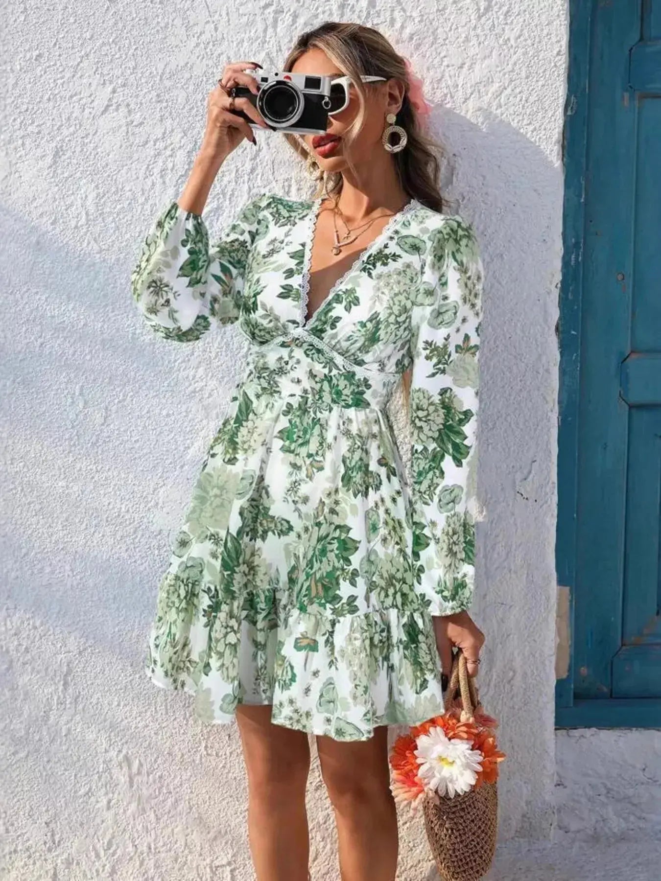 Full Size Floral Print V-Neck Long Sleeve Ruffle Hem Mini Dress  Style Ratio