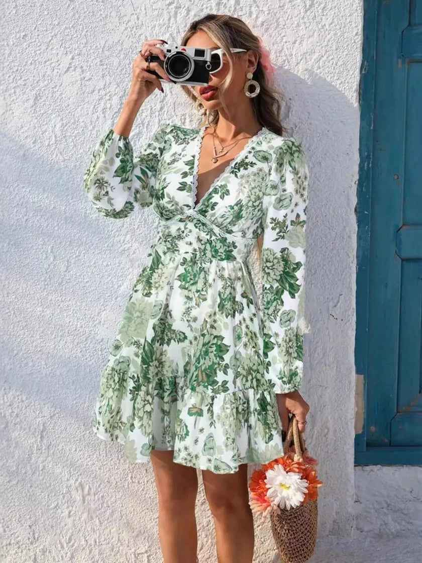 Full Size Floral Print V-Neck Long Sleeve Ruffle Hem Mini Dress  Style Ratio