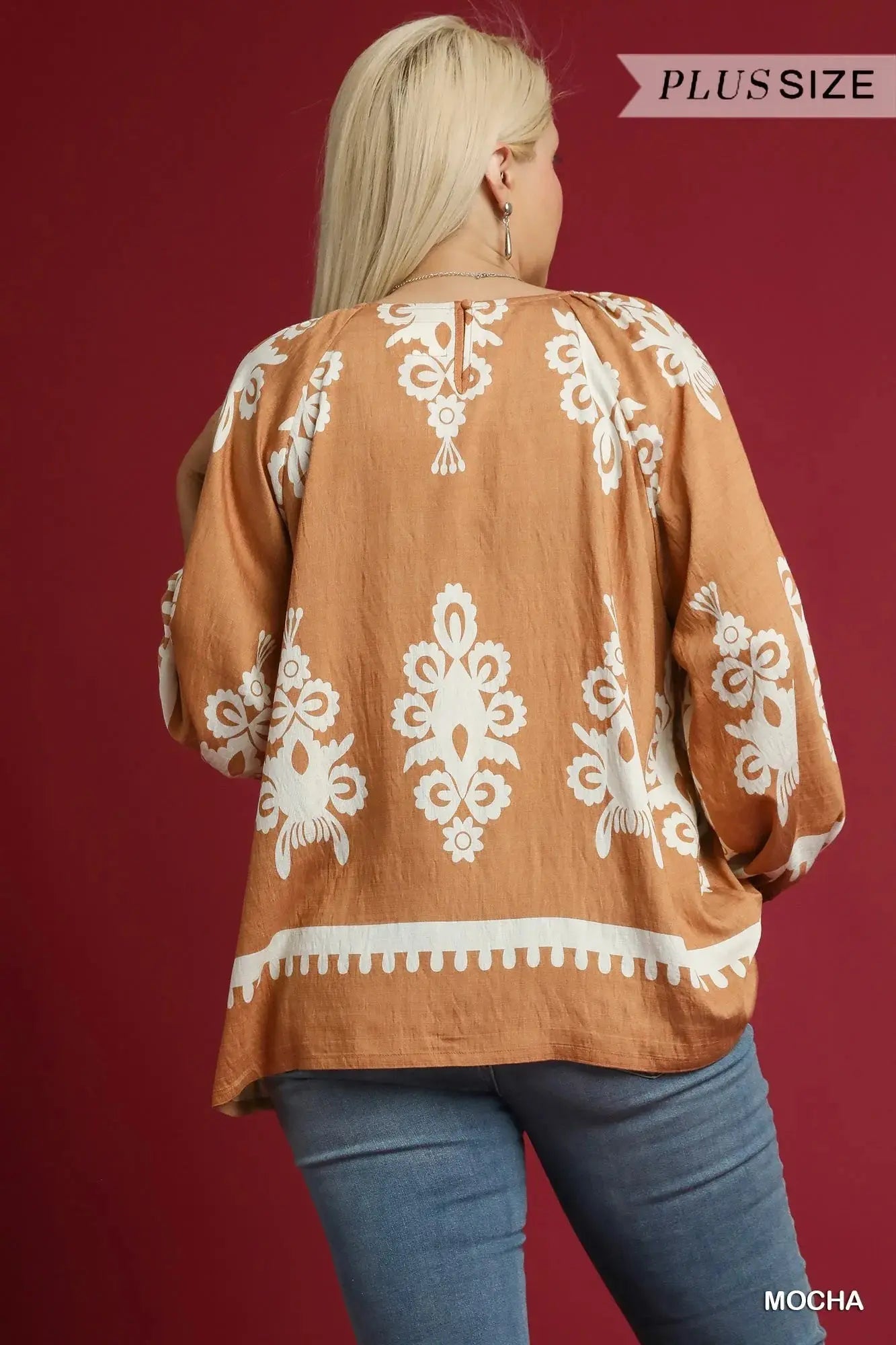 Umgee Full Size Two Tone Border Print Top with Balloon Sleeves  Style Ratio