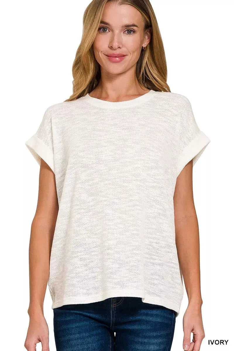 Zenana Hacci Slub Rolled Up Short Sleeve Shirt  Style Ratio