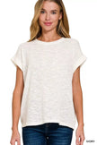 Zenana Hacci Slub Rolled Up Short Sleeve Shirt  Style Ratio