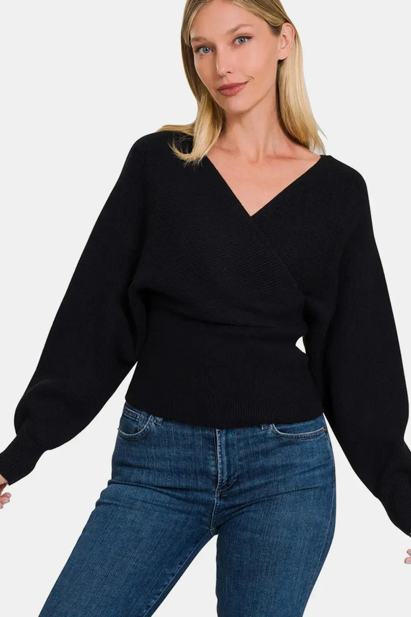Zenana Cross Wrap Rib Long Sleeve Sweater  Style Ratio