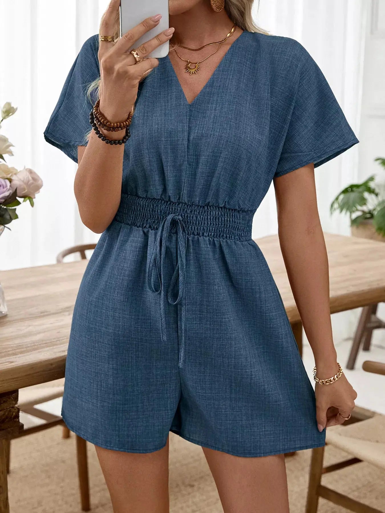 Casual V-Neck Elastic Waist Romper  Style Ratio