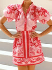 Printed Puff Sleeve Top and Skirt Set  Style Ratio
