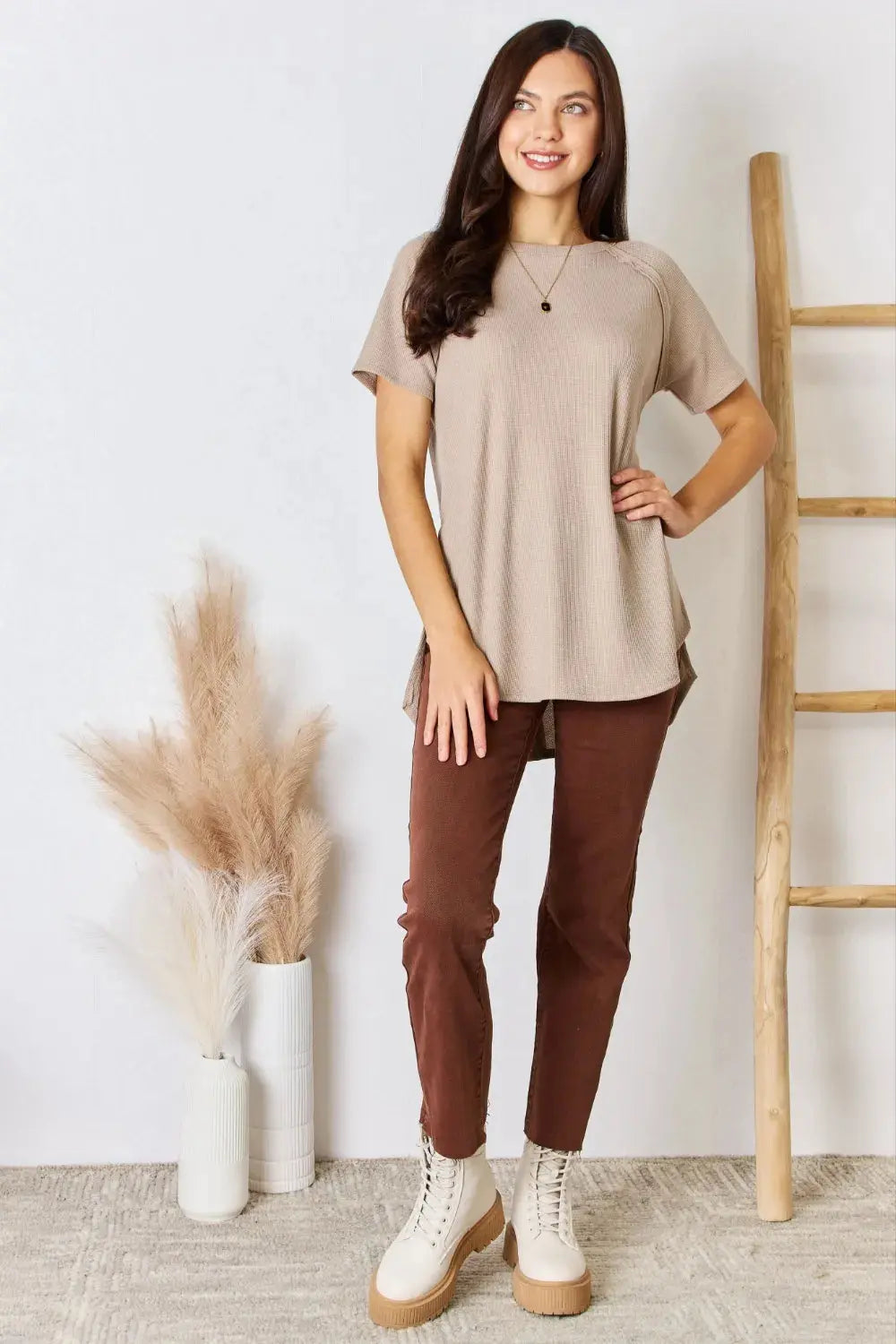 Zenana Baby Waffle Short Sleeve Slit High Low Short Sleeve Shirt  Style Ratio