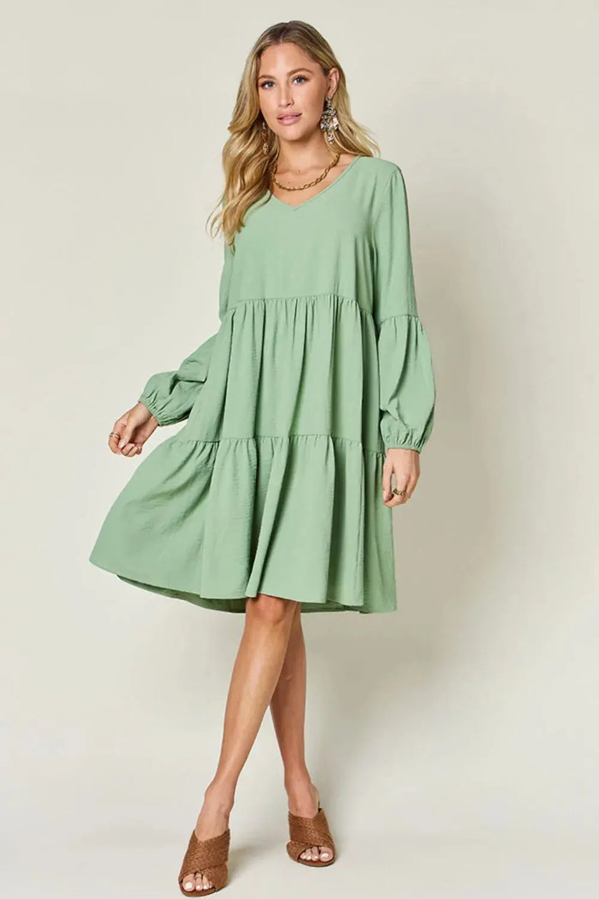 Double Take Full Size V-Neck Balloon Sleeve Tiered Dress with Pockets  Style Ratio