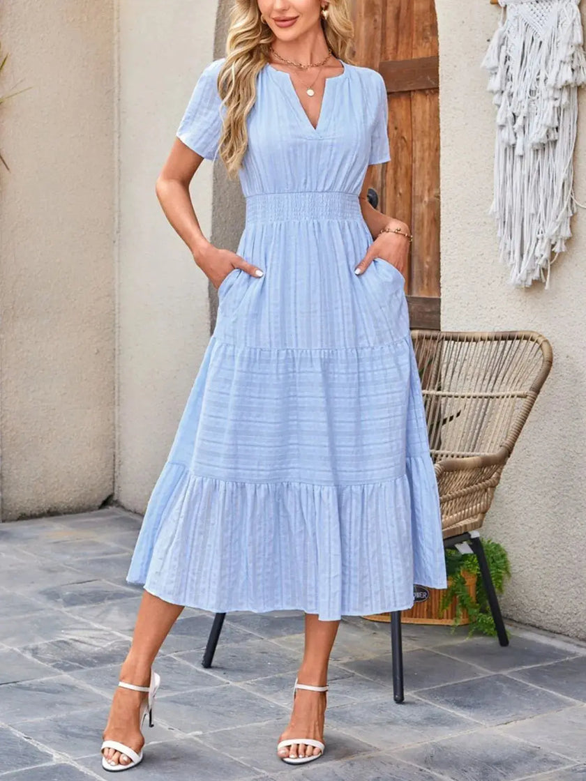 Tiered Notched Short Sleeve Dress  Style Ratio