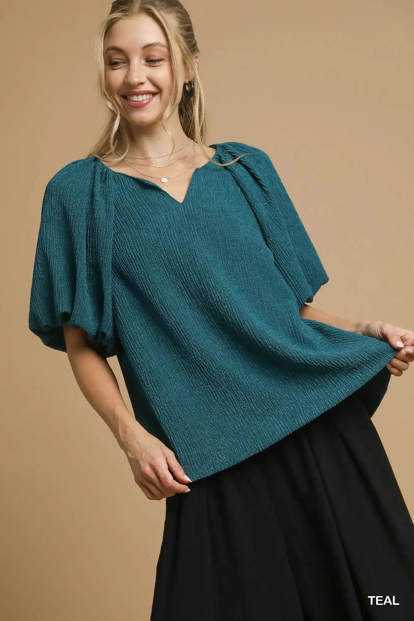 Umgee Textured Flutter Sleeve Notch Neck Blouse  Style Ratio