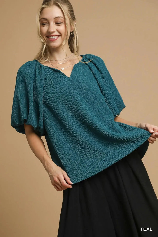 Umgee Textured Flutter Sleeve Notch Neck Blouse  Style Ratio