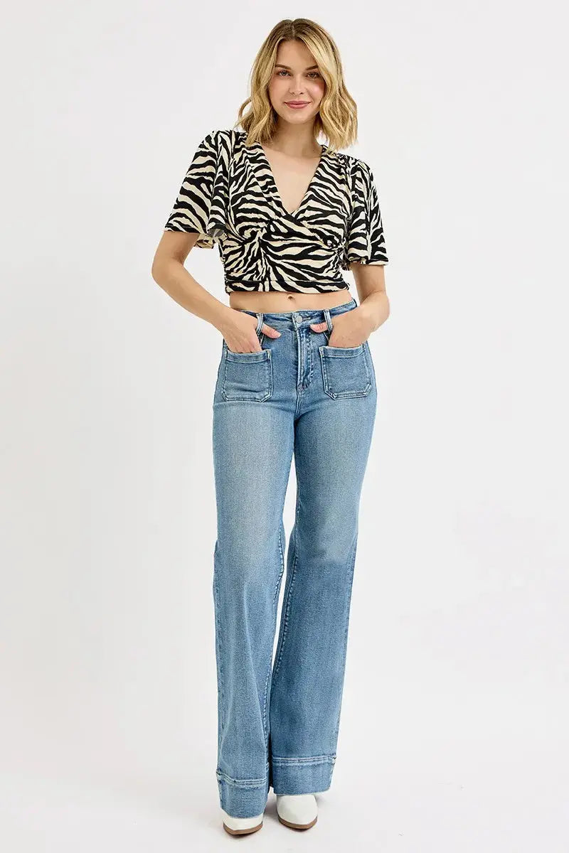 RISEN High Rise Wide Flare Patch Pocket Jeans  Style Ratio