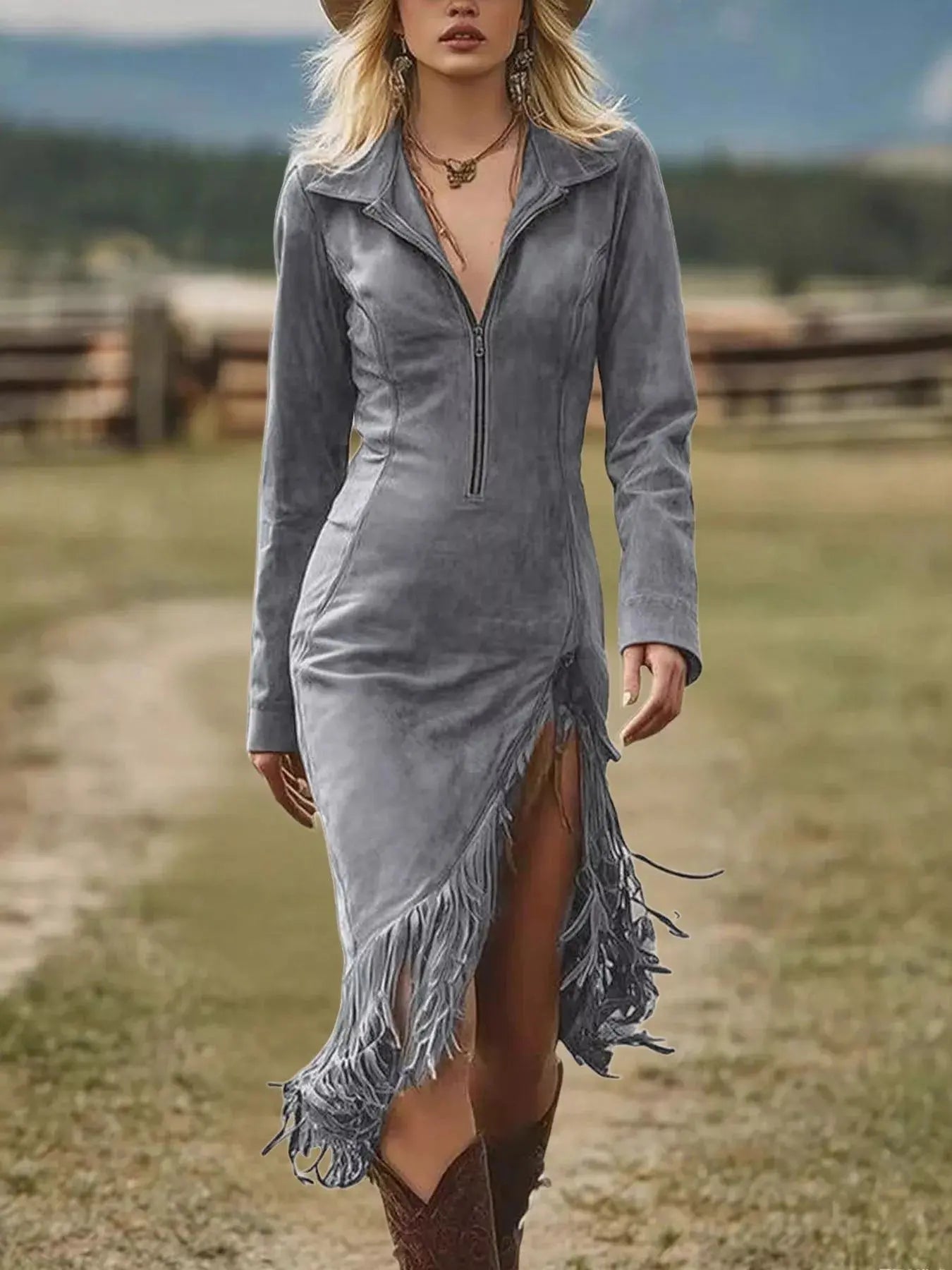 Full Size Fringe Hem Zip Front Bodycon Dress  Style Ratio