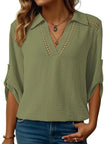 Johnny Collar Roll-Up Sleeve Blouse  Style Ratio