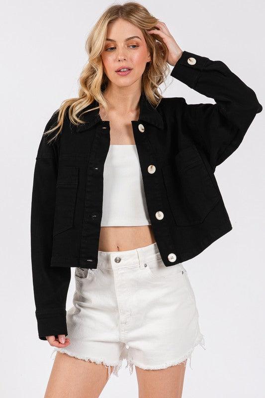 Button Down Cropped Denim Jacket with Patch Pockets