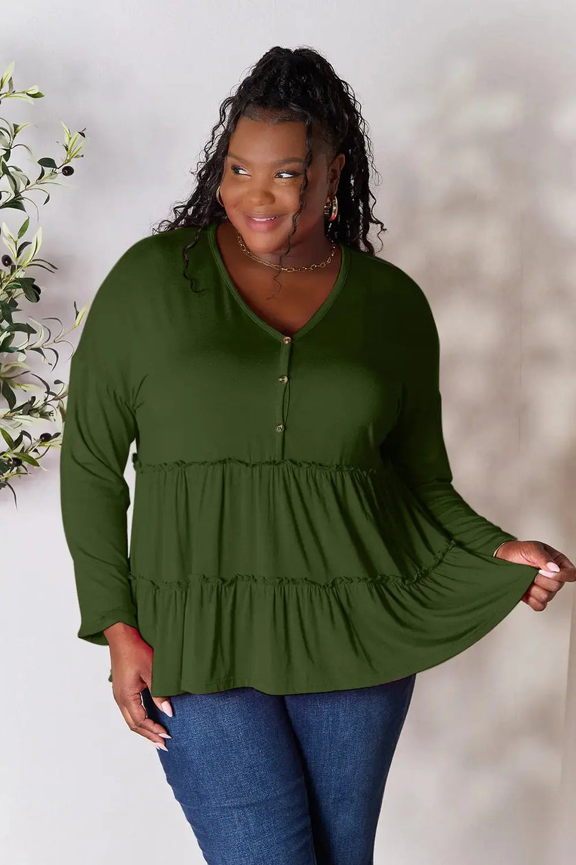 Double Take Half Button Long Sleeve Ruffle Hem Blouse  Style Ratio