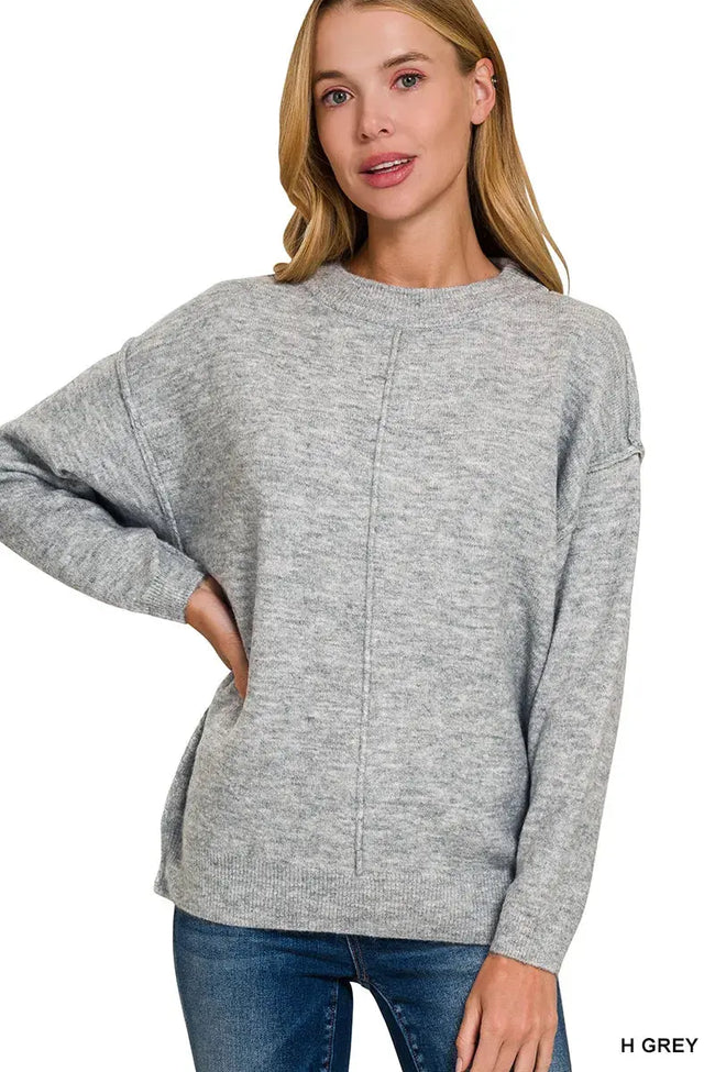 Zenana Melange Front Seam Round-Neck Sweater  Style Ratio