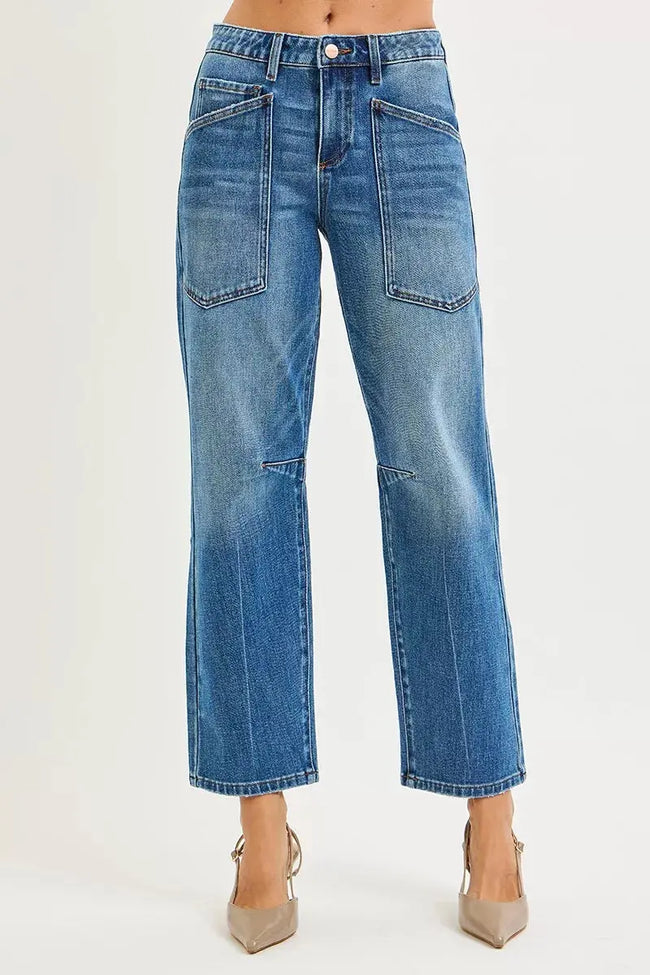RISEN 4 Way Stretch Mid Rise Barrel Jeans with Patch Pocket Detail  Style Ratio