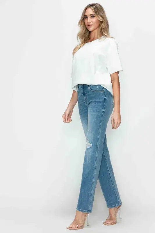 bytos Full Size Distressed High Rise Straight Jeans  Style Ratio