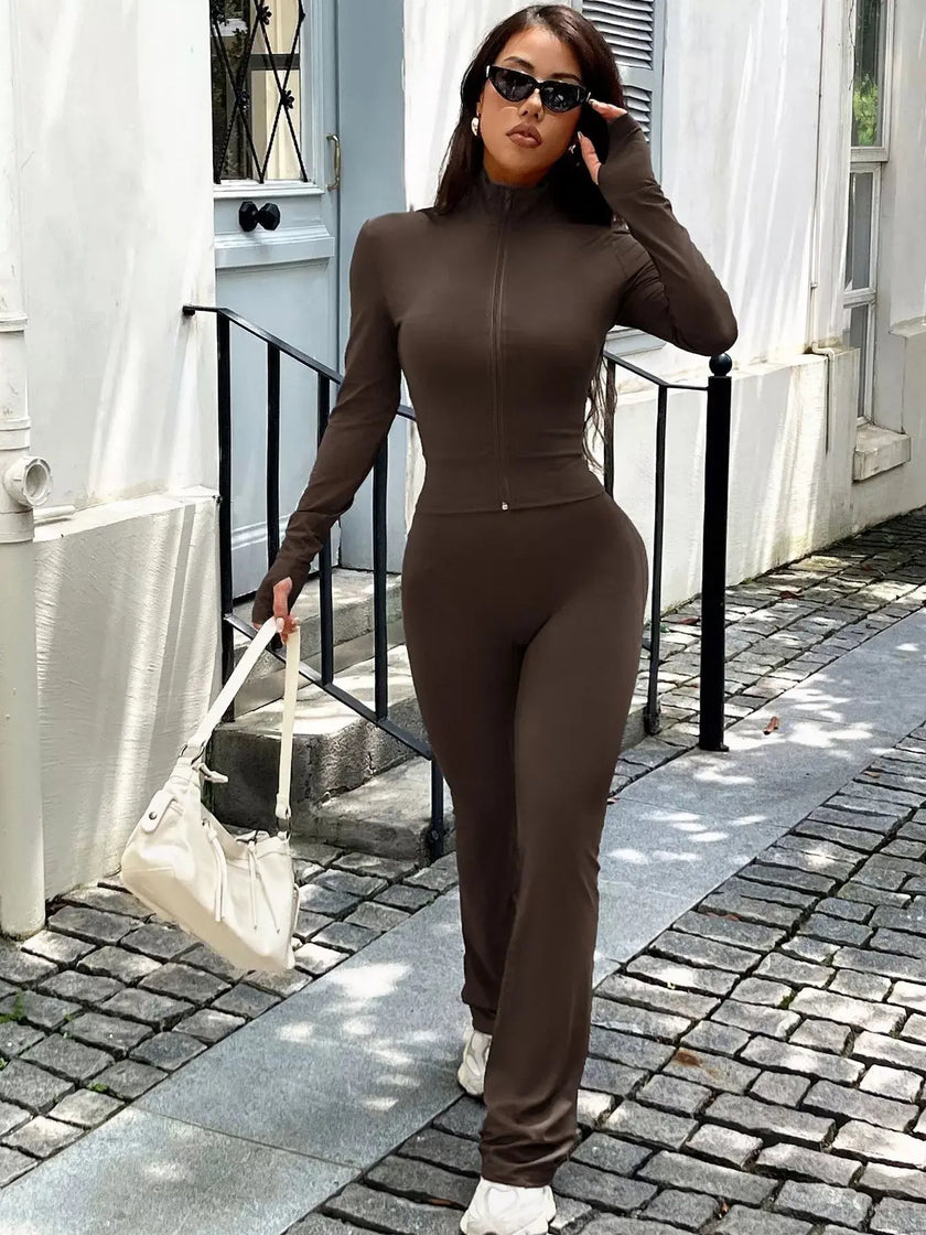 Zip Up Long Sleeve Outerwear and Pants Active Set  Style Ratio