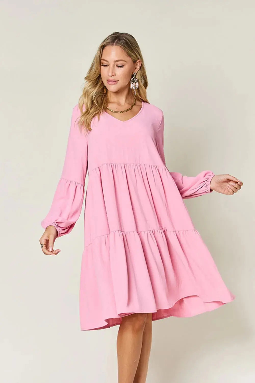 Double Take Full Size V-Neck Balloon Sleeve Tiered Dress with Pockets  Style Ratio