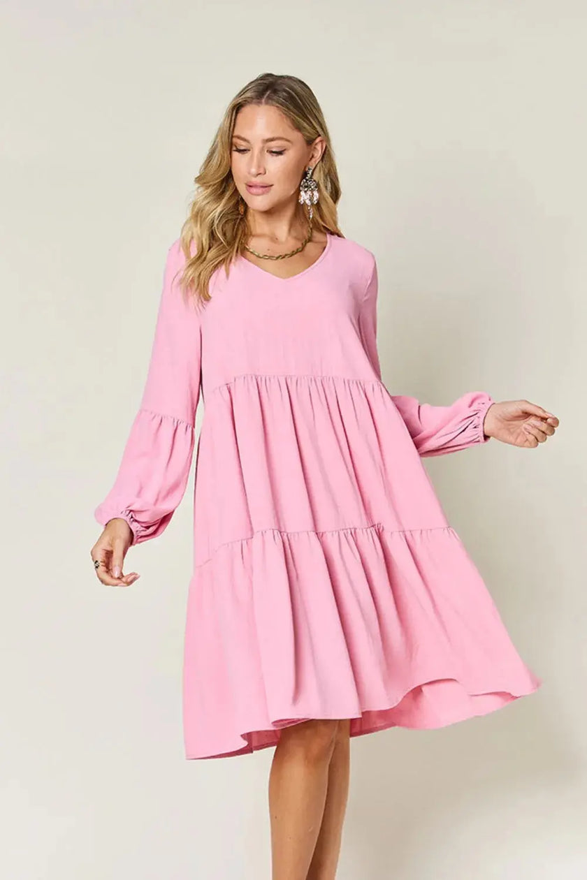 Double Take Full Size V-Neck Balloon Sleeve Tiered Dress with Pockets  Style Ratio