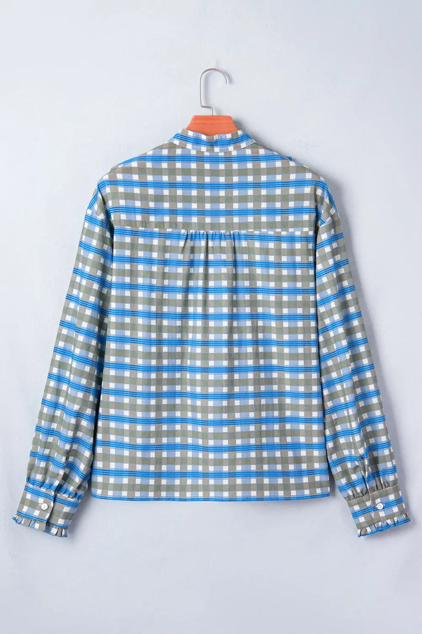Plaid Long Sleeve Frilled Detail Half Button Blouse  Style Ratio
