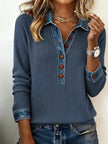Full Size Denim Trim Button Front Ribbed Knit Top Plus Size  Style Ratio