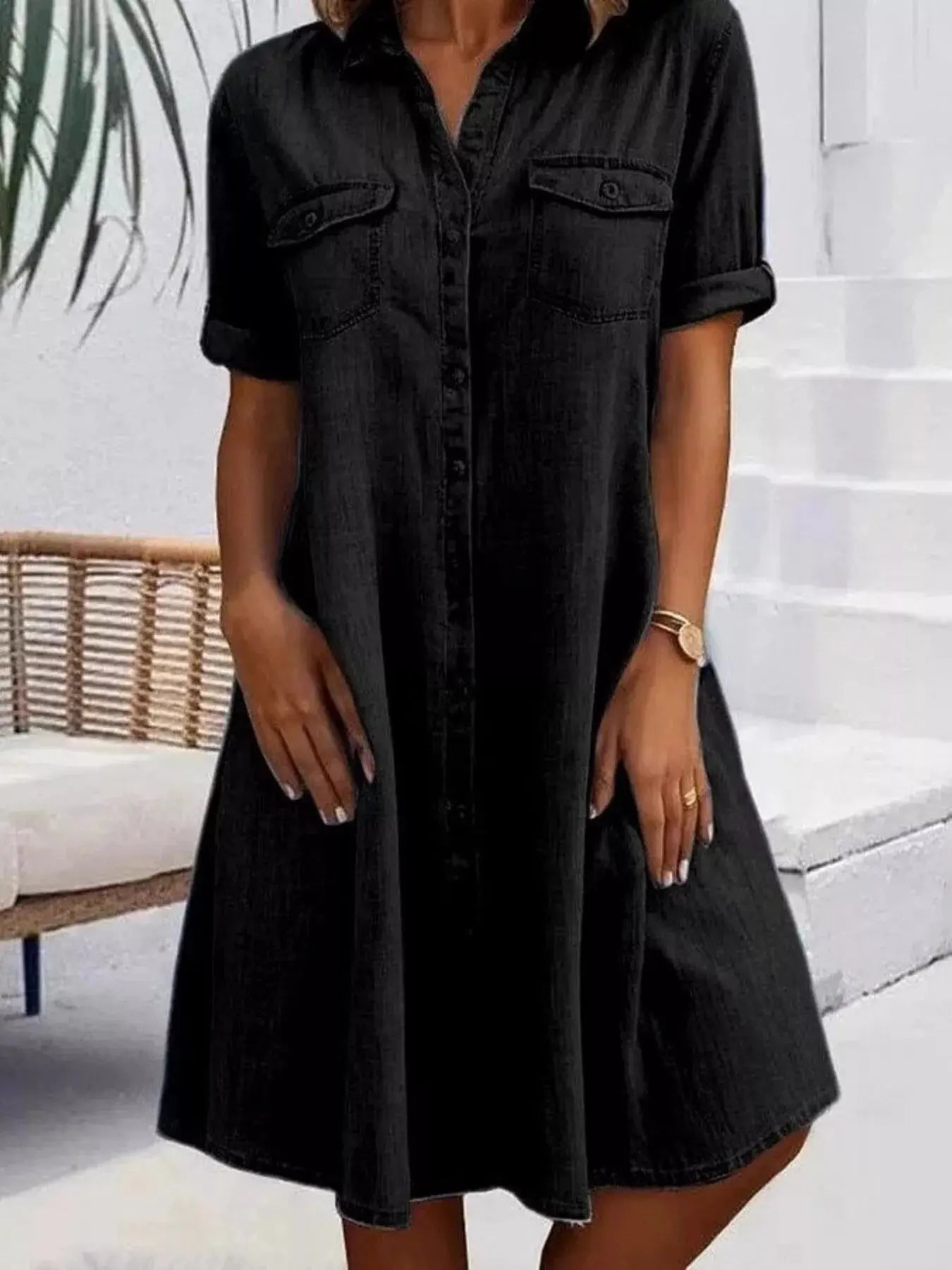 Full Size Button-Front Short Sleeve Denim Dress  Style Ratio