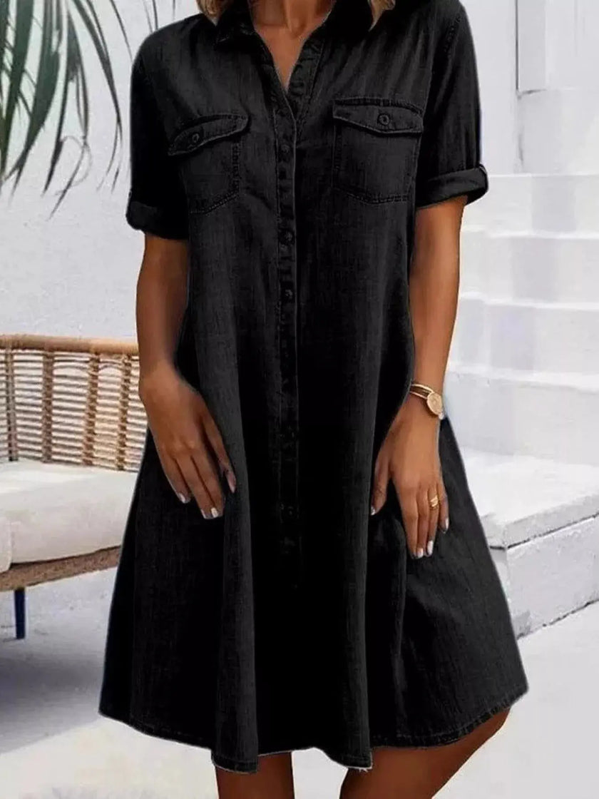 Full Size Button-Front Short Sleeve Denim Dress  Style Ratio