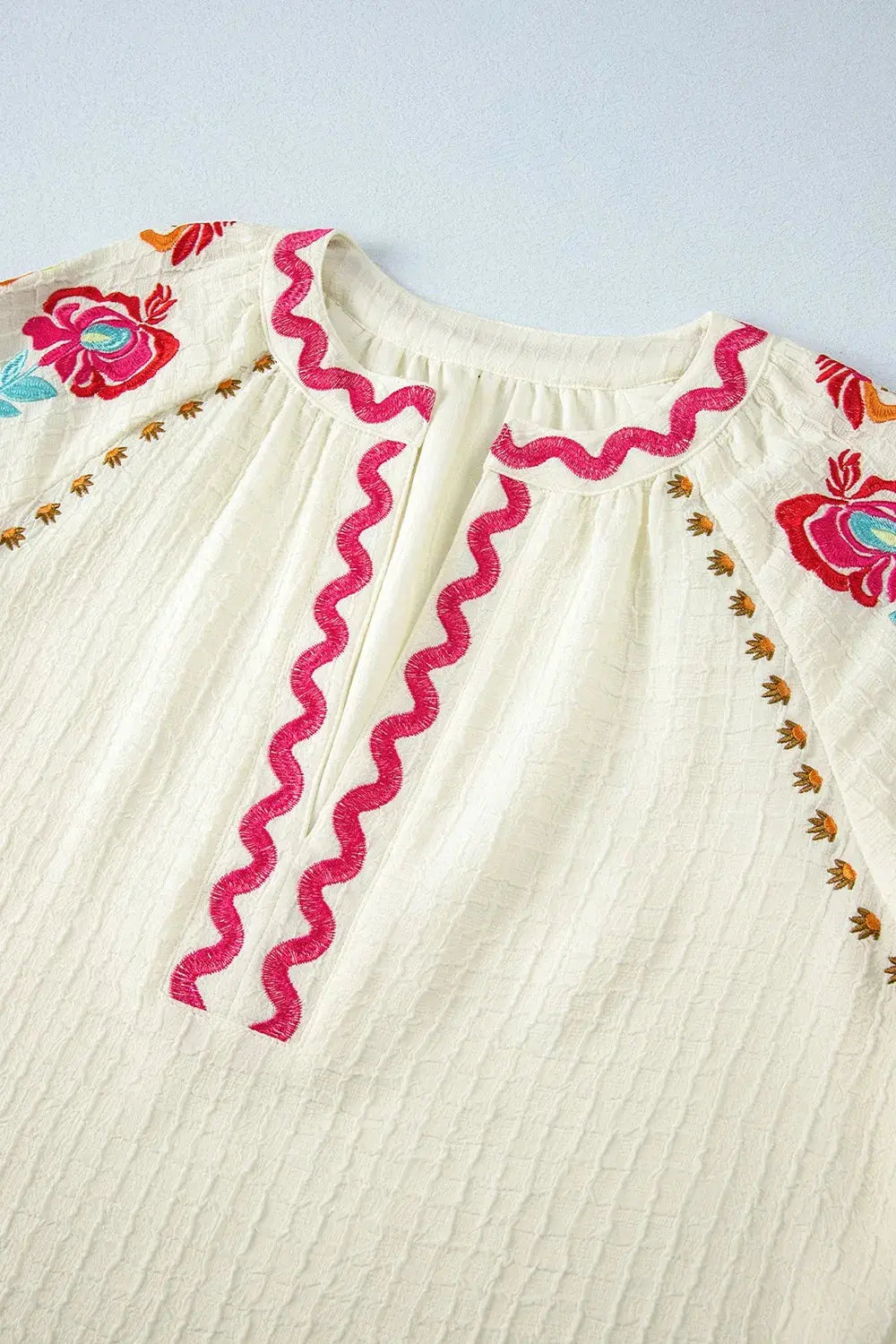 Floral Embroidered Notched Puff Sleeve Blouse  Style Ratio