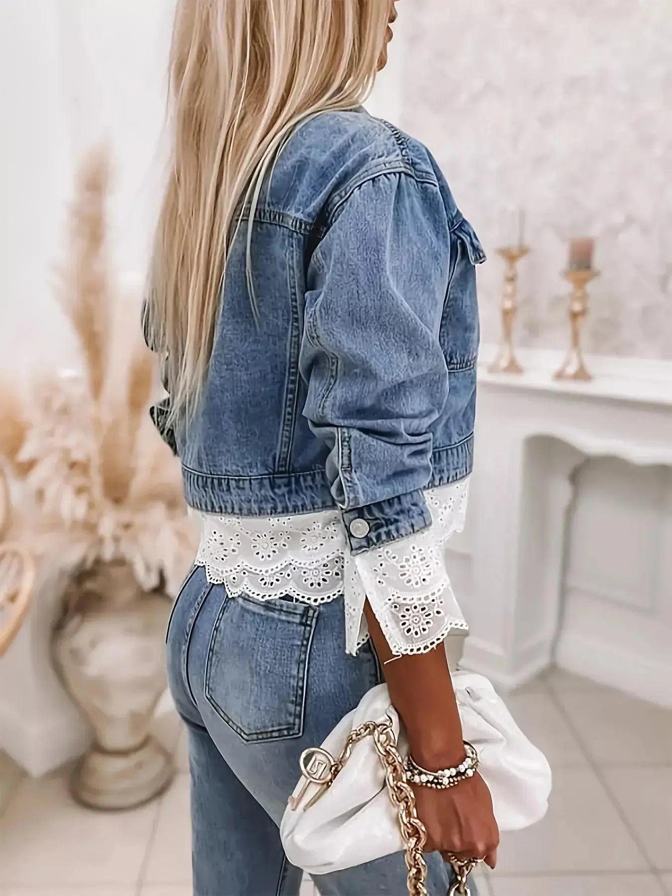 Cropped Denim Jacket with Lace Trim  Style Ratio