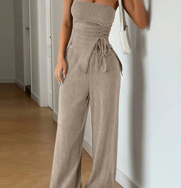 Ribbed Knit Tube Top and Wide Leg Pants Set  Style Ratio