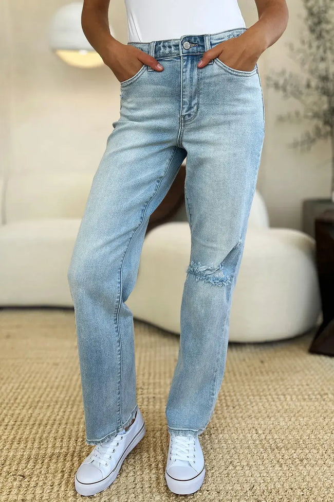 Judy Blue Full Size High Waist Distressed Straight Jeans  Style Ratio