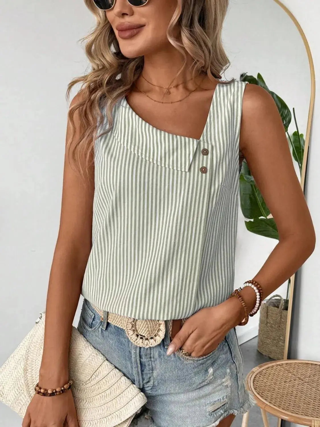 Decorative Button Asymmetrical Striped Tank Top  Style Ratio