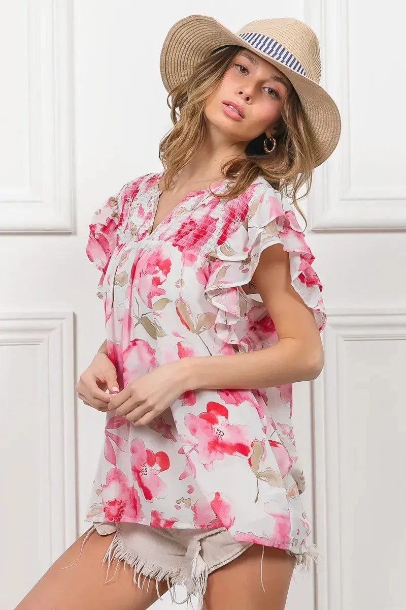 BiBi Floral Print Flutter Sheer Blouse  Style Ratio