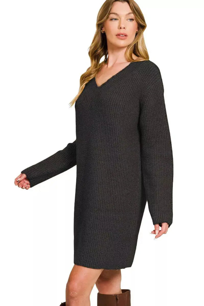 V-Neck Long Sleeve Ribbed Sweater Dress  Style Ratio