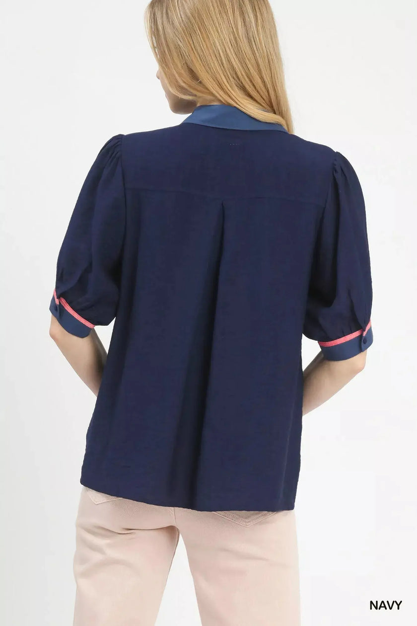 Umgee Embroidered Puff Sleeve Contrast Trim Top  Style Ratio
