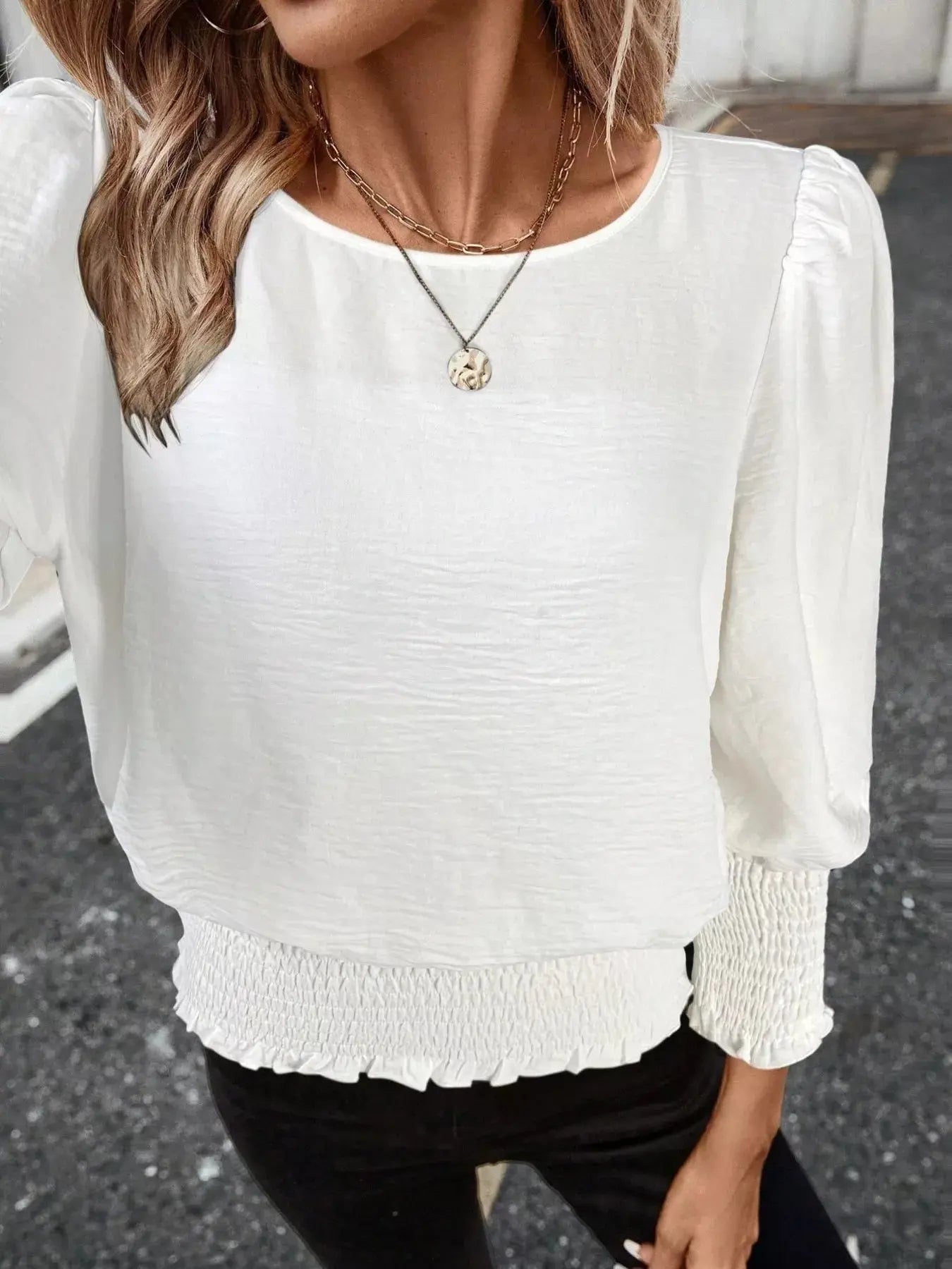 Smocked Waist Round Neck Blouse  Style Ratio
