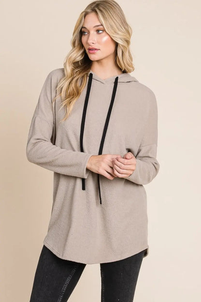 Bombom Contrast Drawstring Drop Shoulder Knit Hoodie Trendsi