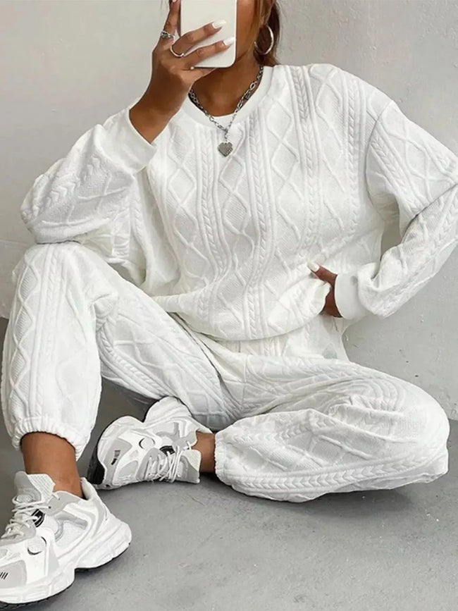 Texture Round Neck Top and Pants Loungewear  Style Ratio