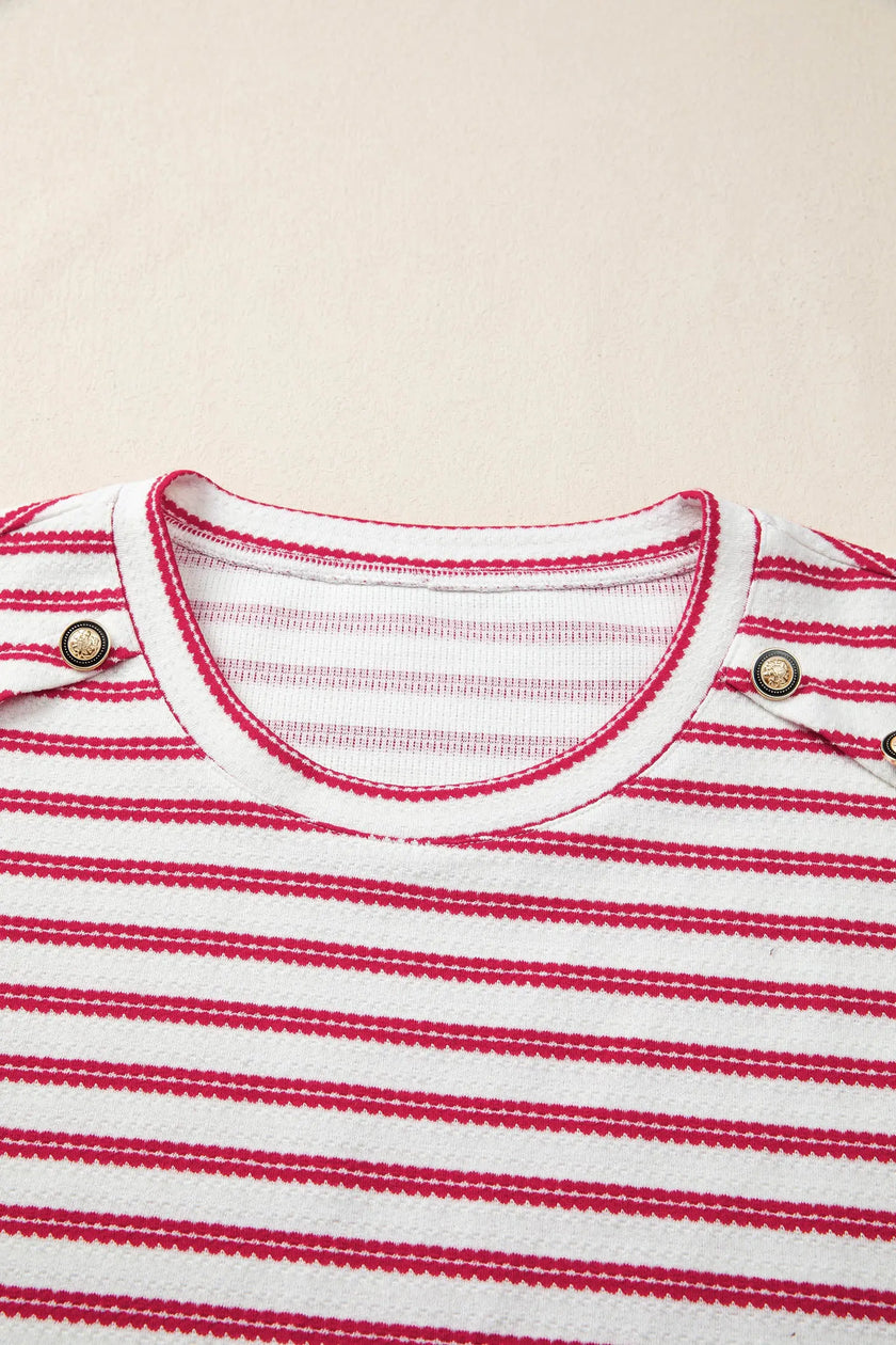 Stripe Textured Knit Button Detail Short Sleeve Shirt  Style Ratio