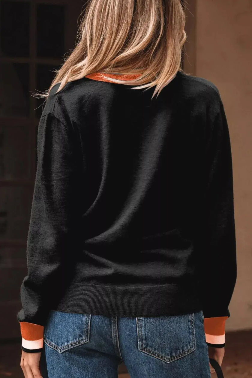 Contrast Striped Trim V Neck Varsity Sweater  Style Ratio