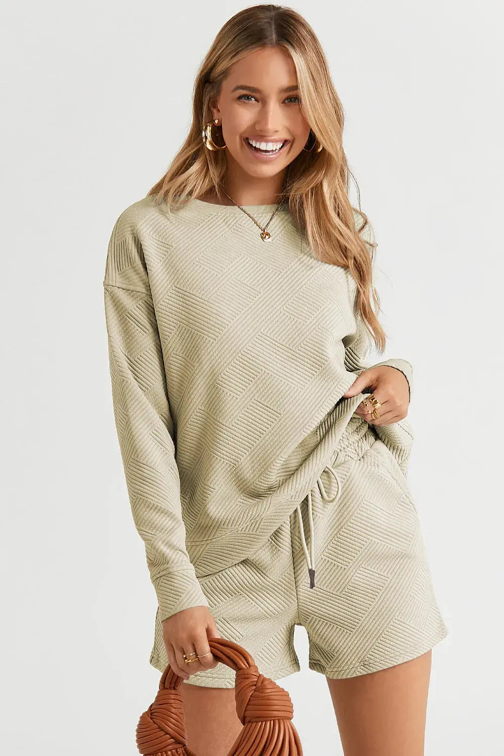 Double Take Full Size Texture Long Sleeve Top and Drawstring Shorts Set  Style Ratio