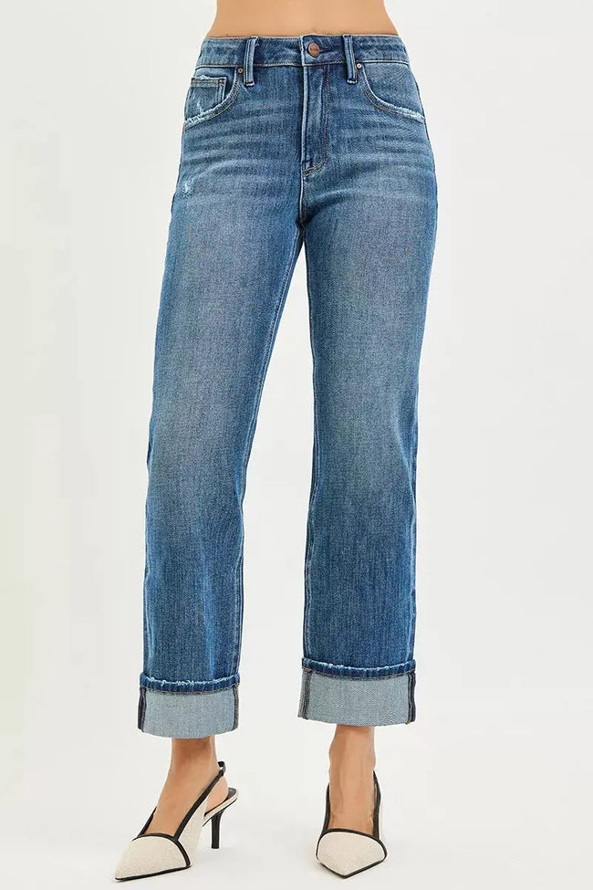 RISEN Full Size 4 Way Stretch Slouchy Straight Jeans with Cuffed Hem  Style Ratio