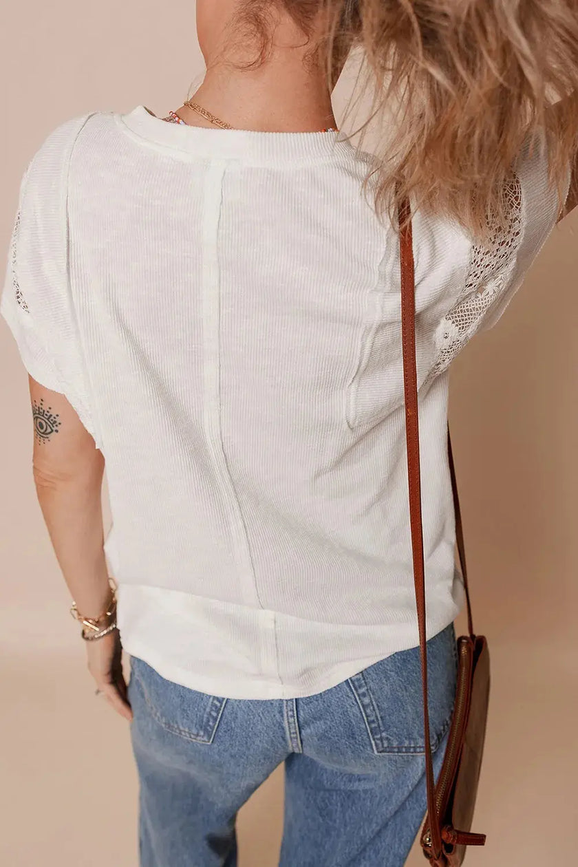 Ribbed Texture Lace Patchwork Short Sleeve Top  Style Ratio