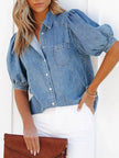 Puff Sleeve Button-Down Denim Top  Style Ratio
